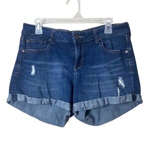 Refuge Womens Distressed Denim Boyfriend Shorts Dark Wash Cuffed Size 8